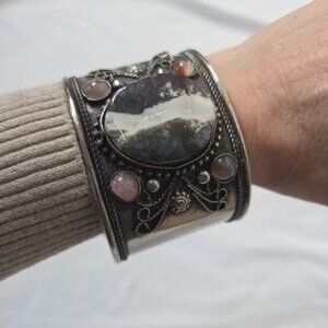 Women's Vintage Ethnic Tribal Cuff Bracelet Silver Stones